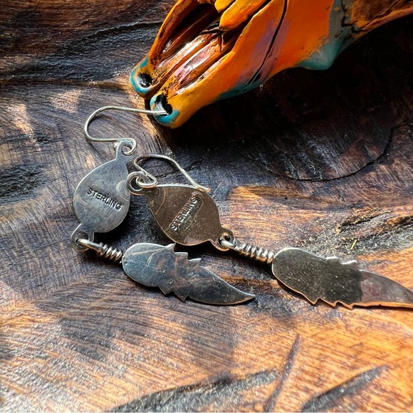 Turquoise & Sterling Feather Dangle Earrings | 925 Sterling Silver - Picture 9 of 9